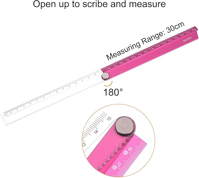 HARFINGTON Folding Straight Ruler 30cm Metric Aluminum Alloy Ruler with Angle Line & Wave Edge Geometric Measuring Tool for Children Architects Study Classroom Office, Red