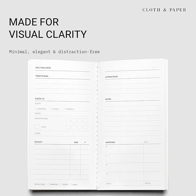 Cloth & Paper Travel Notebook | Daily Wellness Planner – Smoked Salt | Pocket Plus Wellness Planner 3.2" x 6" | Habit Tracker & Self Care Journal for Goals, Gratitude & Reflection – Soft Touch Cover