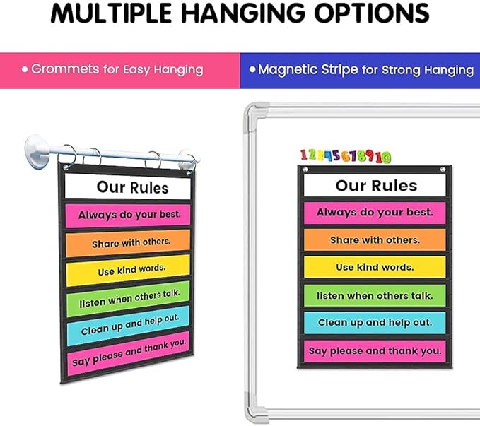 Auchq Magnetic Pocket Chart,Standard Pocket Chart with 7+1 Pockets,14 Double-Sided Dry-Eraser Cards for Daily Schedule,Class Demonstrations,Classroom Office Home Activities (Black)