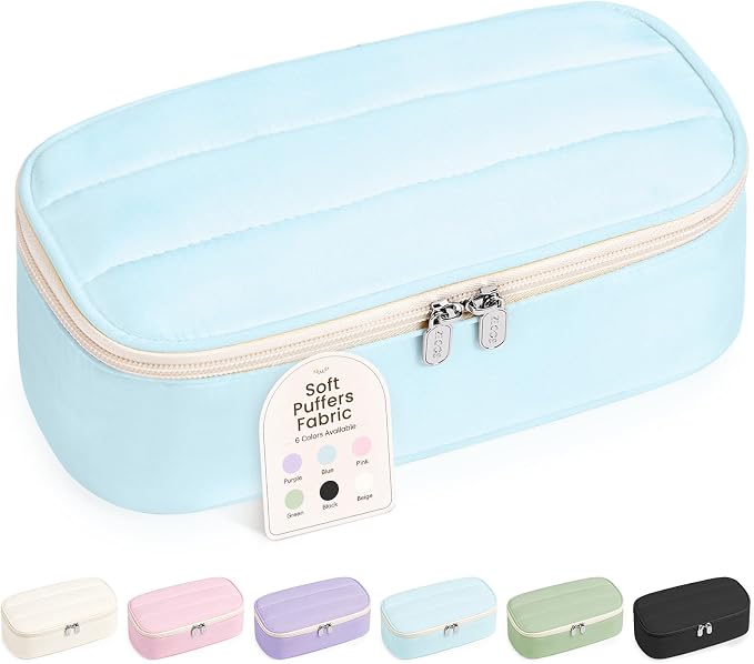 Sooez Cute Pencil Case, Soft Puffers Pencil Pouch, Large Pen Pencil Bag | Zipper Pen Case, Aesthetic Pen Pouch, Colored Stationery Storage & Organizer, School Supplies for Teen Girl Students, Blue