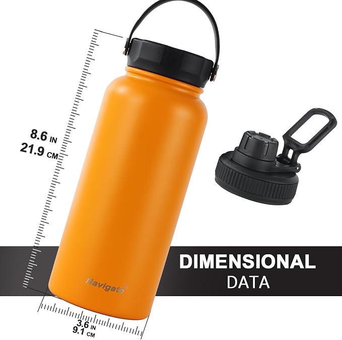 Navigate 32oz Insulated Water Bottle for Sports, Keep Cold 24H | 2-in-1 Spout and Handle Lids, Double Leak-Proof, 18/8 Stainless Steel, BPA-Free, Wide Mouth for Gym and Hiking,Orange