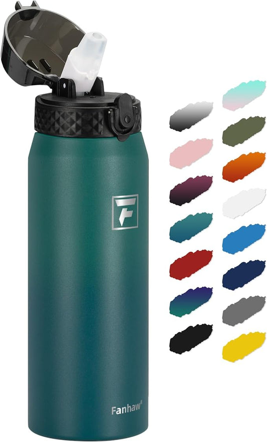 Fanhaw 24 Oz Kids Insulated Stainless Steel Water Bottle with Straw Lid, Leakproof & Anti-Dust Everyday Use Bottle for School, Women & Men, Back to School Essentials (Green Blue)