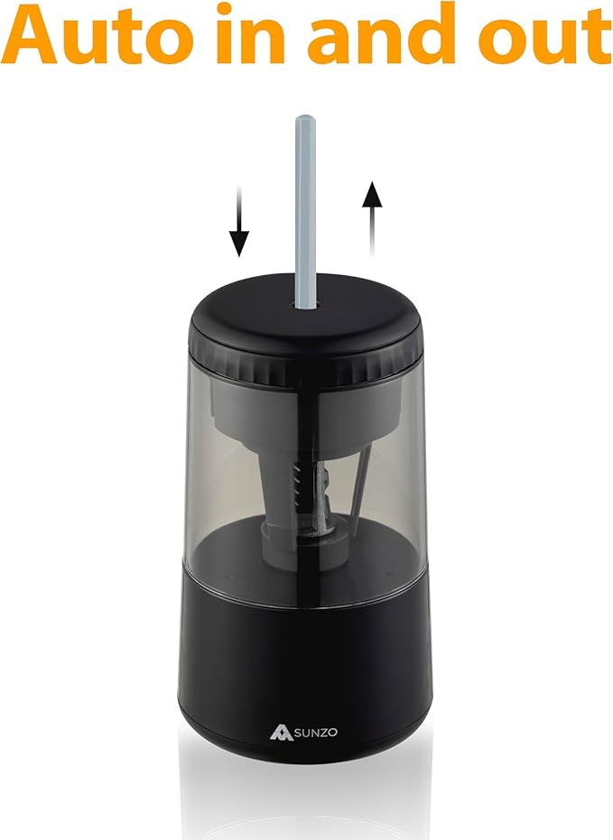 SUNZO Electric Automatic Pencil Sharpener, auto feed, hands free, electronic, rechargeable battery powered, small & portable, for colored pencil, for office & classroom (Black)
