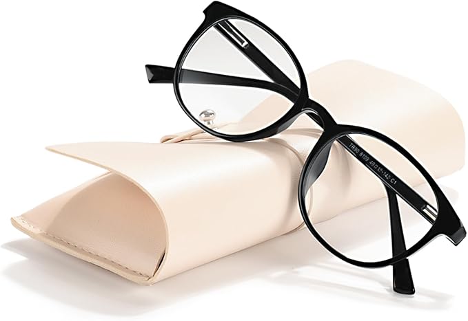 FONHCOO Stylish Blue Light Glasses Women Men Eyeglasses, TR90 Fashion Round Transparent Eye Glasses (Shiny Black)