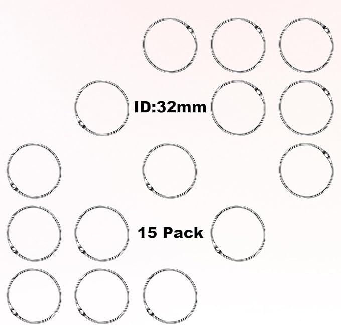 15 Pack 1-1/4" Metal Binder Rings Paper Loose Leaf Loop Book Clip 1.25" O-Rings for Key Ring, Scrapbook, Index Card, Silver, 32mm