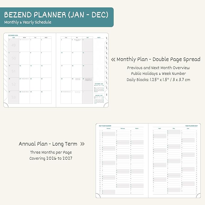 BEZEND 2026 Planner Weekly and Monthly (6" x 8.5") Daily Calendar with Hourly Timeslots & Tabs (Jan-Dec) Note & Expenses, Pen Holder, Inner Pocket, Vegan Leather Hardcover - Dark Green