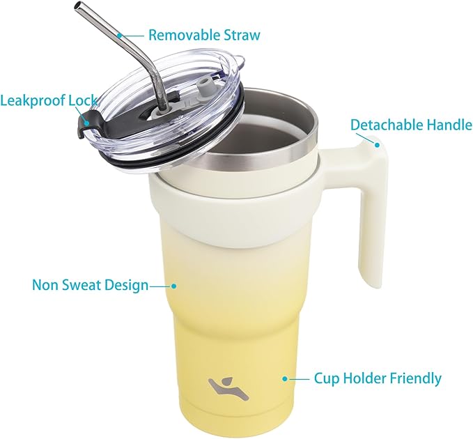 Konokyo 20 oz Tumbler with Handle and 2 Straw 2 Lid, Insulated Water Bottle Stainless Steel Vacuum Cup Reusable Travel Mug,Lemon