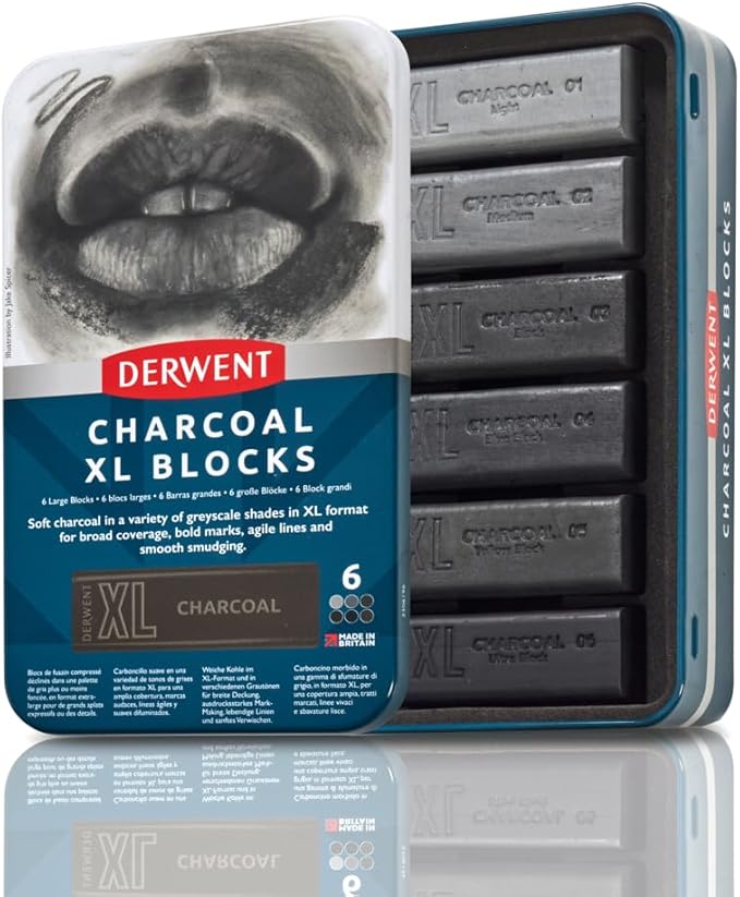 Derwent Charcoal XL Blocks 6 Tin, Set of 6, 60mm Extra-Large Block, Naturally Water-soluble, Ideal for Sketching, Drawing and Expressive Mark Making, Professional Quality (2306196)