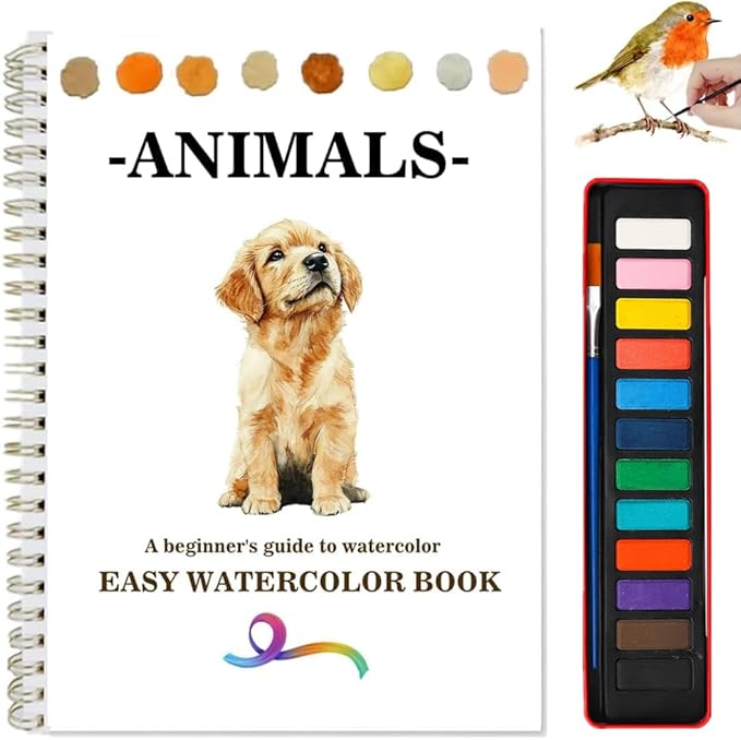 Watercolor Workbooks Coloring Book Beginner Friendly Painting Kit Easy Nature Scenes Paint Set Art Crafts for Creative Exploration Gift for Adults (Animals, with Palette)