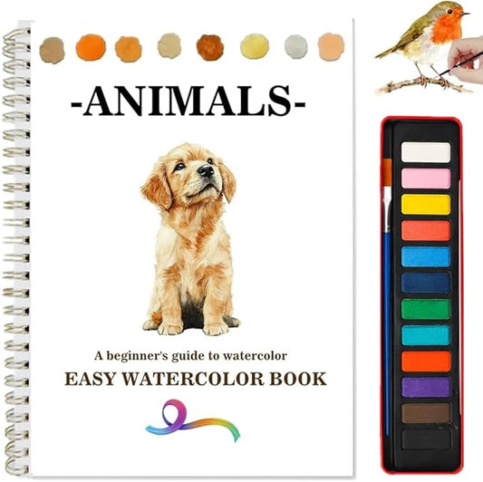 Watercolor Workbooks Coloring Book Beginner Friendly Painting Kit Easy Nature Scenes Paint Set Art Crafts for Creative Exploration Gift for Adults (Animals, with Palette)