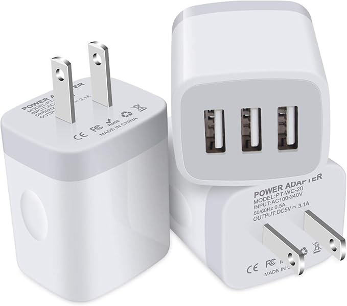 3 Port Wall Charger, 5V 3.1A USB Plugs, MultiPort Travel USB Wall Plug Home Charging Block Cube Compatible iPhone 13 12 11 Pro XS Max, Samsung Galaxy S22 S21 FE S10, Note 20 10,V35 THINQ Q7 G7