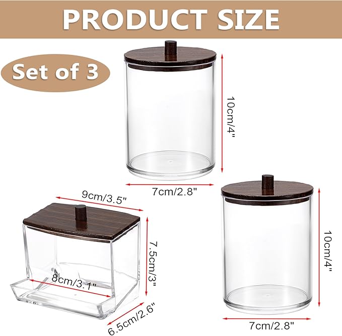 BTSKY Set of 3 PaperClip Holders with Bamboo Lid, Round Binder Holder for Desk, Clear Paper Clip Dispenser Small Office Supply Accessory Organizer Qtip Holder for Office Bathroom Vanity, Black
