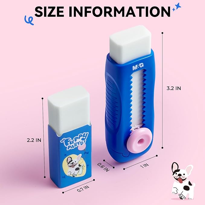 M&G 1+1 Pack Blue Sliding Retractable Cute Eraser Set, Refillable Soft Large Rubber Eraser with Sleeve for Kids Students School Office Supplies