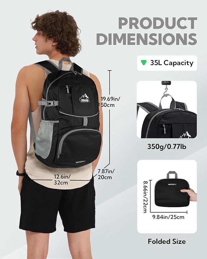 WATERFLY Hiking Packable Daypack Backpack: 35L Ultra Lightweight Day Pack for Women Men - Large Foldable Back Pack for Outdoor Sport Cycling Camping Travel Trip - Black