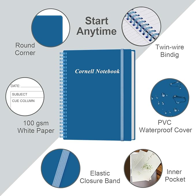Yaridar A4 Cornell Notes Notebook - College Spiral Cornell Notebooks for Note Taking, Subject Ruled Steno Pads for Office/School/College/Home, 8.5" x 11", Blue