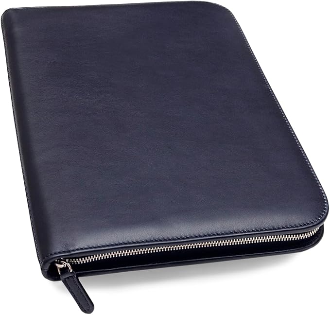 Premium Maruse Leather Portfolio Padfolio - Executive Folio for Men and Women with Zipper, Folio Document Organizer, Laptop Sleeve, iPad Case and Folder - Made in Italy, Navy Blue