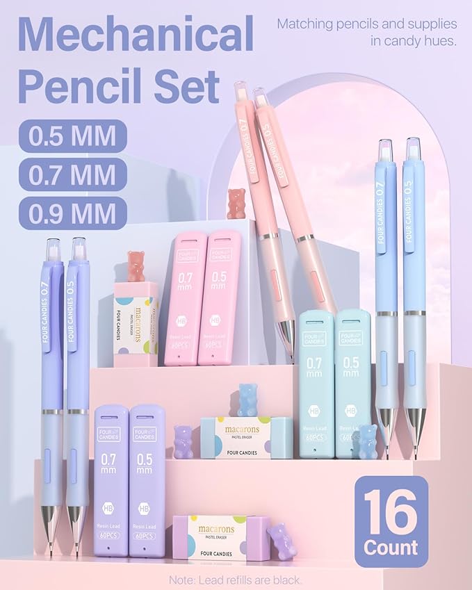 Four Candies 6PCS Cute Mechanical Pencil Set, 0.5mm 0.7mm 0.9mm with 360PCS Lead Refills, Pastel Erasers & Case, Kawaii Aesthetic School Supplies for Versatile Sketching and Student Note-Taking