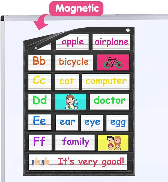 Auchq Magnetic Pocket Chart,Standard Pocket Chart with 7+1 Pockets,14 Double-Sided Dry-Eraser Cards for Daily Schedule,Class Demonstrations,Classroom Office Home Activities (Black)