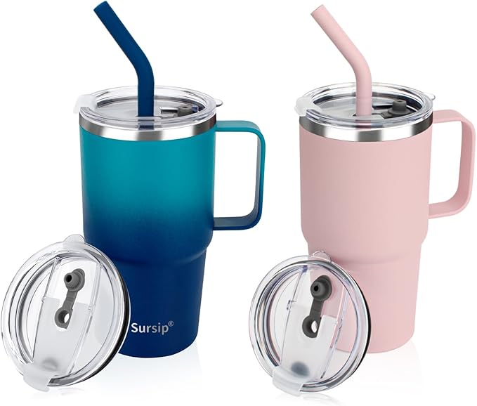 Sursip Insulated Coffee Mug with Handle and Lid, 24 oz Double Wall Vacuum Travel Thermal Coffee Tumbler with Straw for Home, Office & Outdoor Stainless Steel Coffee Cup - Leak proof, BPA Free (2 Pack)