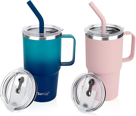 Sursip Insulated Coffee Mug with Handle and Lid, 24 oz Double Wall Vacuum Travel Thermal Coffee Tumbler with Straw for Home, Office & Outdoor Stainless Steel Coffee Cup - Leak proof, BPA Free (2 Pack)