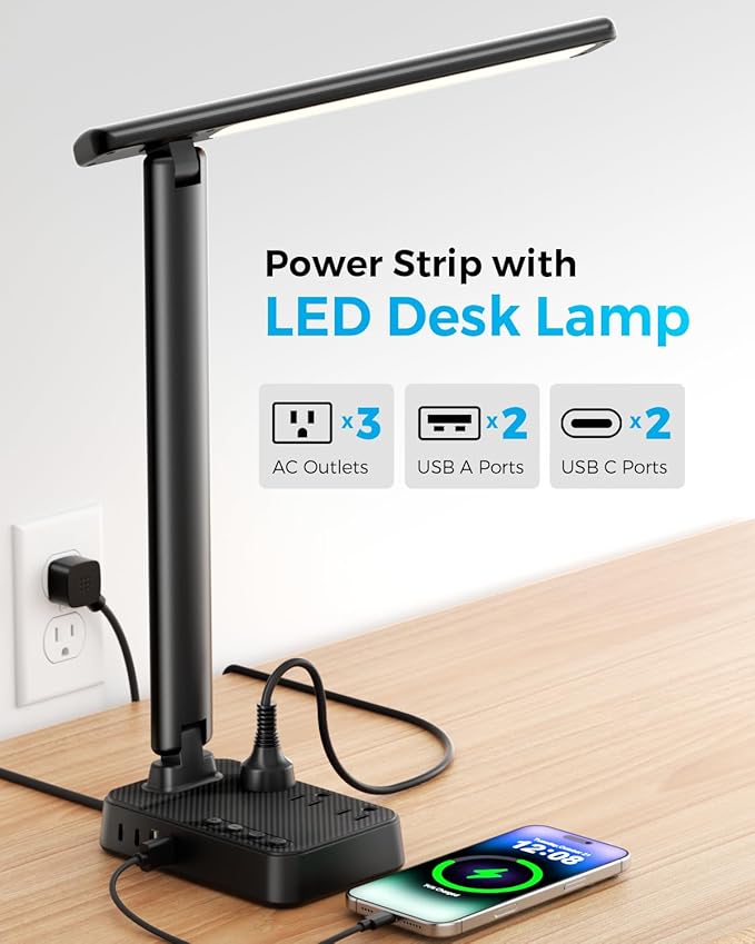 LED Desk Lamp with Power Strip, 3 AC Outlets & 4 USB Ports (2 USB-C), Stepless Dimming & 2800K-6500K Eye-Caring Desk Light, Foldable Table Lamp with 5FT Cord for Home Office, Dorm Room Essentials