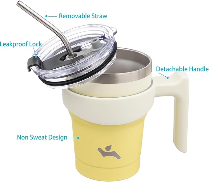 Konokyo 10 oz Tumbler with Handle and 2 Straw 2 Lid, Insulated Water Bottle Stainless Steel Vacuum Cup Reusable Travel Mug,Lemon