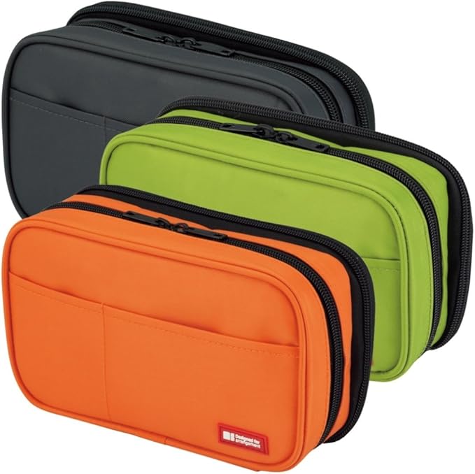 LIHIT LAB Large Capacity Double Zipper Pencil Case For School Office College, Big Capacity 6 Compartments Pencil Bag Holder Adults Teen Boys Girls, Travel Cosmetics Storage, Orange (A7555-4)