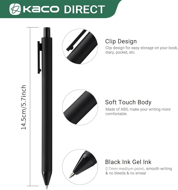 Kaco PURE Gel Pens Black Ink 0.7mm Medium Point 10 Pieces Set Quick Drying | Aesthetic School Office Supplies Retractable Pens Low Center of Gravity