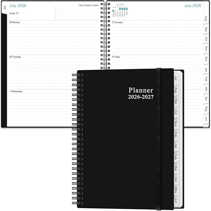 2026-2027 Planner - Planner 2026-2027 from July 2026 - June 2026, Weekly & Monthly Planner Spiral Bound with 12 Monthly Tabs, Inner Pocket, 6.4" x 8.5", Black-E