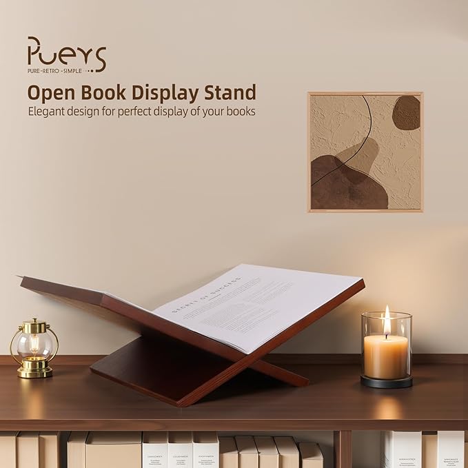PUERSI Open Display Stand, Wooden Large Book Holder, Coffee Table Stand, Wood Easel for Magazine, Art, Cook Book, Bible, Quran - Brown