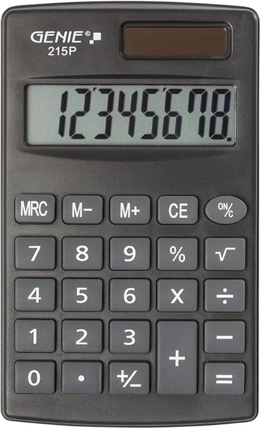 Genie 215 P8 Digit Calculator Dual Power (Solar and Battery) Compact Design Grey