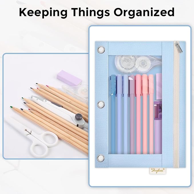 SKYDUE Pencil Pouch for 3 Ring Binder, 9.8" x 7.3" Clear Window Pencil Bag | Zipper Pencil Pouches for Girls Boys, Pencil Pouch with 3 Reinforced Grommets, Durable Organizer for School Supplies