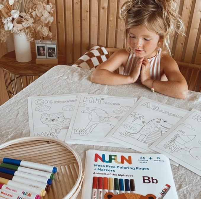 NuFun Activities Mess Free Coloring Set - Animals of The Alphabet, Kids Create No Mess Wonders with Special Coloring Paper, Gift for Toddlers and Kids, 26 Preprinted Pages and 8 Markers