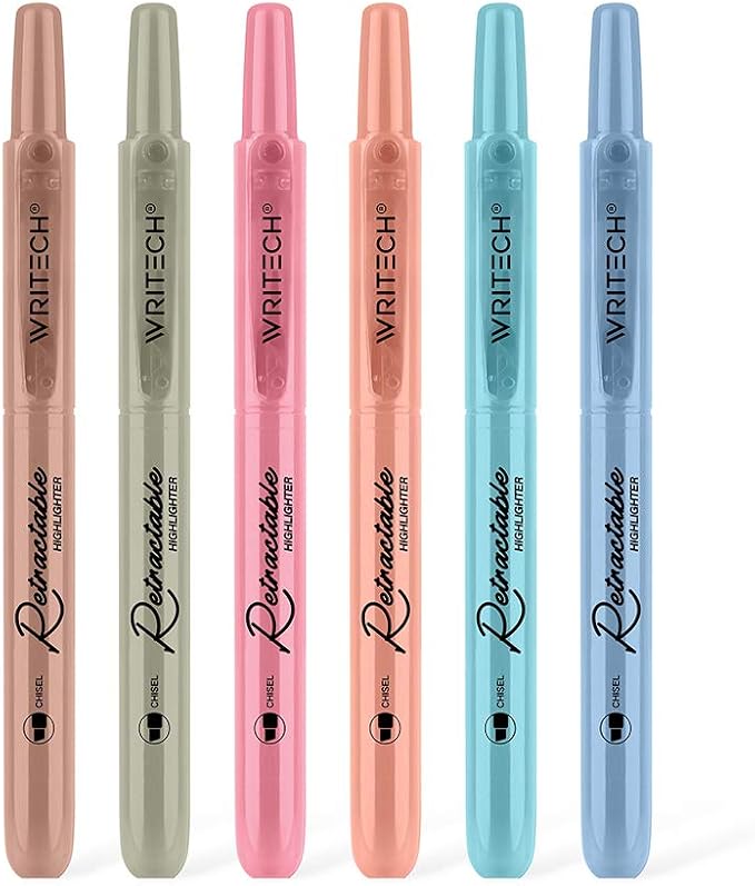 WRITECH Retractable Highlighters Assorted Colors: Chisel Tip 6ct Vintage | Aesthetic Pens Pack Multi Colored Ink No Bleed & Smear for Highlighting Journaling Drawing Coloring Note-taking Home Office