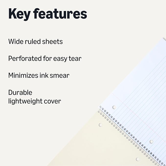 Amazon Basics Wide-Ruled Spiral Notebooks, 8" x 10-1/2", 70 Sheets, Black, 2-Pack