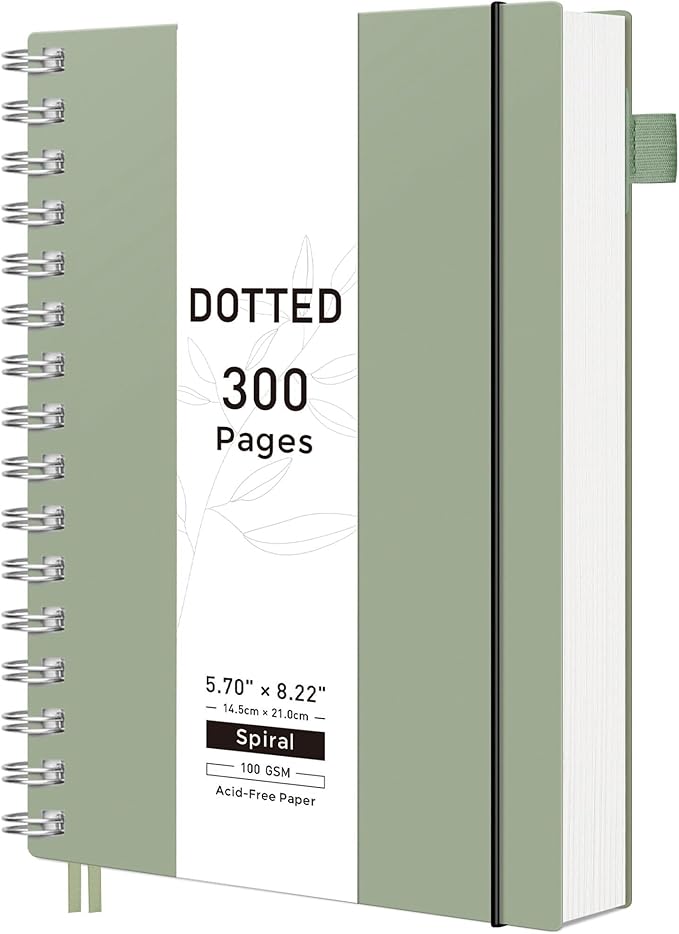 RETTACY Dotted Journal Notebook, 300 Pages, A5 Medium Size (5.7'' × 8.2''), 100 GSM Thick Paper, Flexible Plastic Cover, Spiral-bound, for Journaling, Planning, Tracking (Sage Green)