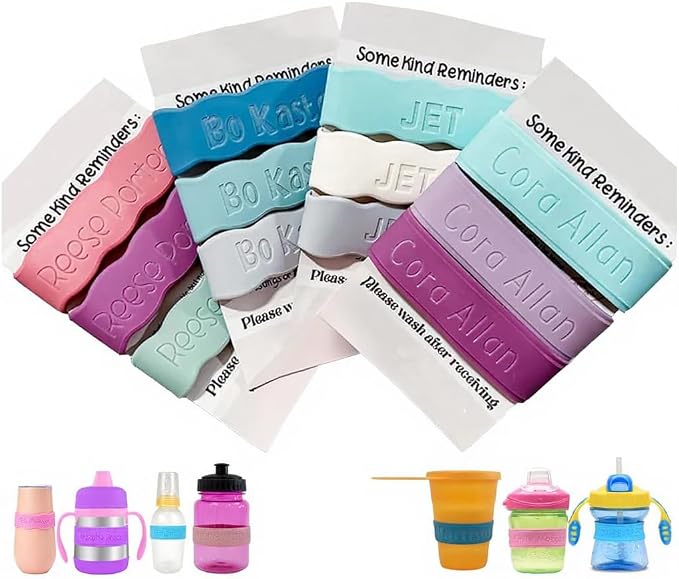 3 Piece Personalized Baby Bottle Labels for Daycare School Summer Camp Customized Children's Water Bottle Name Bands Custom Engraved Reusable Silicone Cup Bands Labels