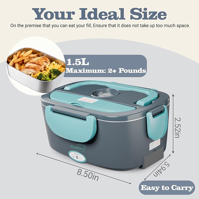 Buddew Electric Heated Lunch Box, 80W Fast Heating, 1.5L Food-Grade 304 Stainless Steel, 12V/24V/110V Portable Food Warmer for Car Truck Office Adults, Lonchera Electrica Portatil (Blue)
