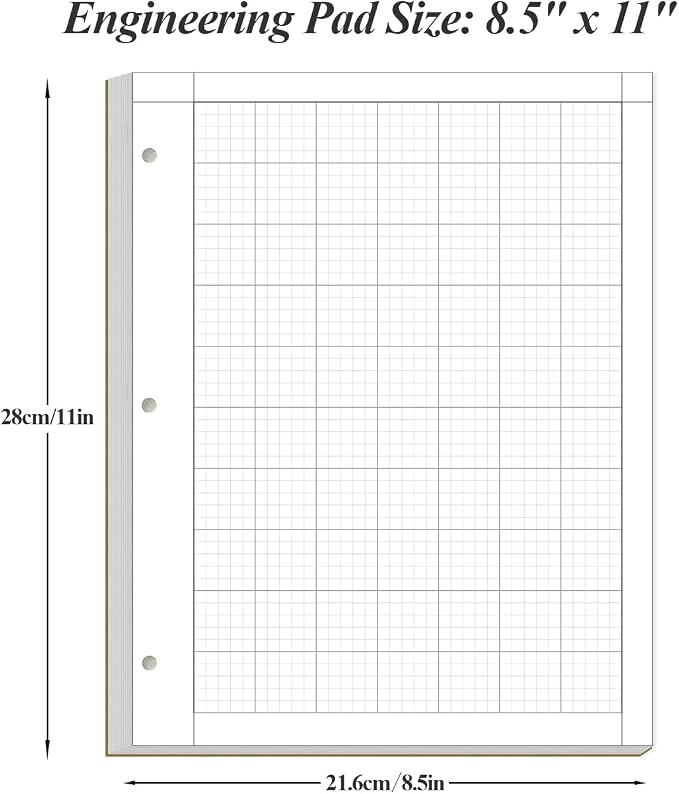 Yaridar (3-Pack) Engineering Computation Pad - 50 Sheets/100 Pages Graph Paper, 5 x 5 Graph Rule on Back, 3-Hole Engineering Notebooks, 100 Gsm White Tint Paper, 8-1/2" x 11"