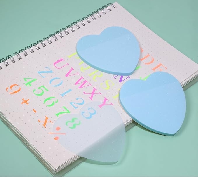 ONLYKXY Glitter Heart Shape Transparent Sticky Notes for Annotating,2.8in Pastel Color Waterproof Index Sticker Self-Stick Book Tabs Soft PET Marker Memo Pad for Home School Office (2, Blue)