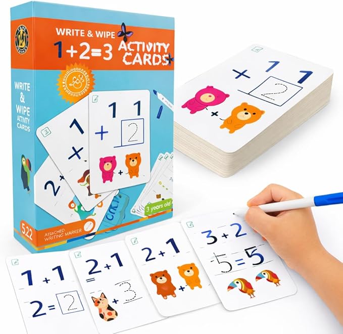 Write & Wipe Activity Cards for Kids, Reusable Tracing Flash Cards, Preschool Handwriting Practice Set, Letter Number Math Learning Activities Ages 3-6 (Addition and Subtraction)