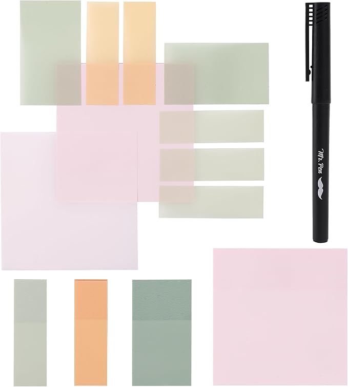 Mr. Pen- Transparent Sticky Notes Set, 200 Sheets, Transparent Sticky Notes and Planner Tabs with Black Fineliner Pen for Bible Study, Office, School, Planning, Journaling & Organization