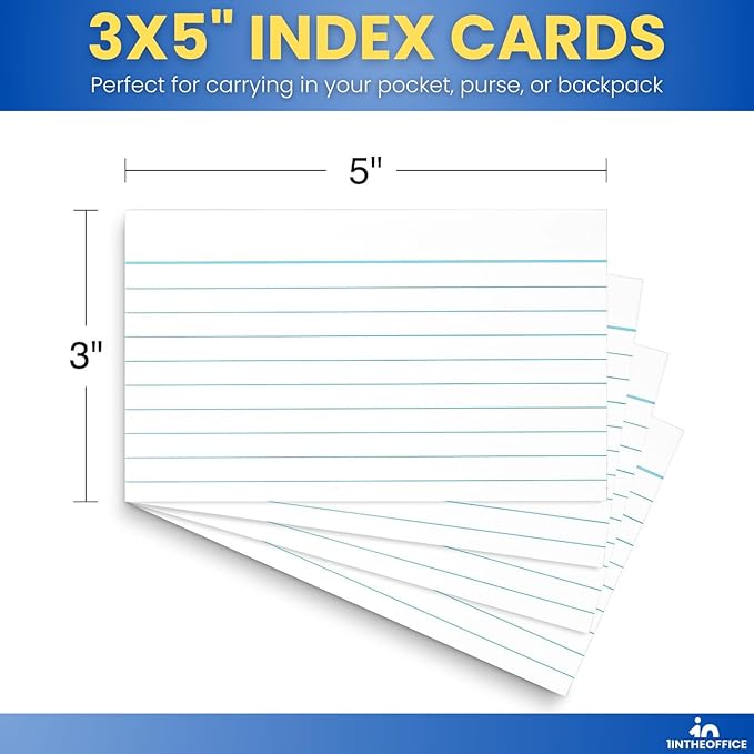 1InTheOffice Index Cards 3x5, Ruled Lined Flashcards Notecards, Study Cards, White (500/Pack)
