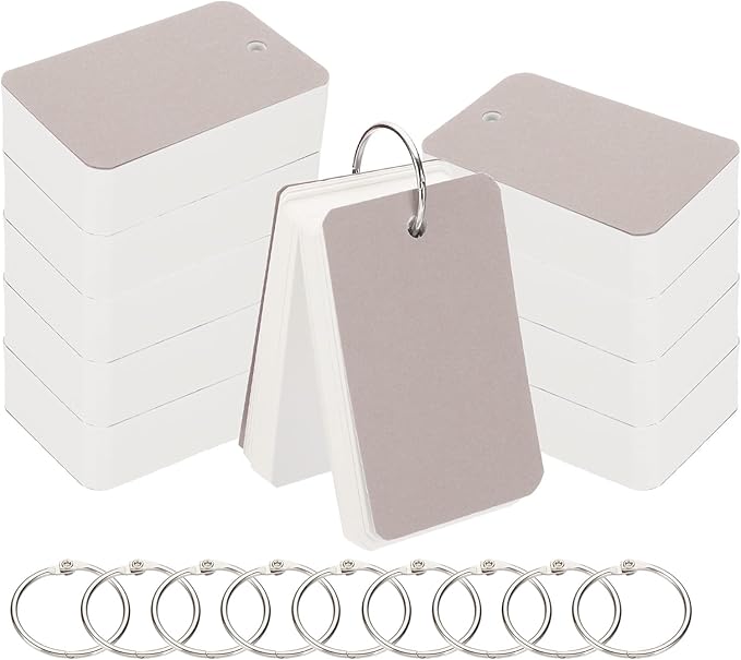 PATIKIL Blank Index Cards with Ring, 1000Pcs Blank Flash Card 3.5x2" Study Note Cardstock for Memory Learning Studying Office Supplies, Grey White