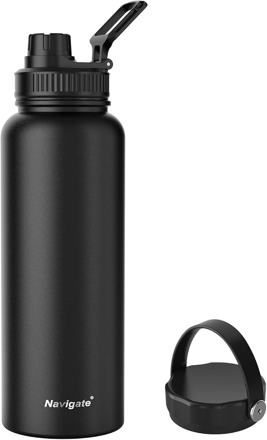 Navigate 40oz Insulated Water Bottle for Sports, Keep Cold 24H | 2-in-1 Spout and Handle Lids, Double Leak-Proof, 18/8 Stainless Steel, BPA-Free, Wide Mouth for Gym and Hiking,Black