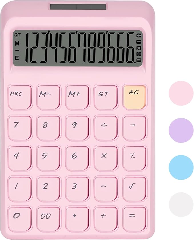 Cute Calculator, Calculators Desktop, Pink Calculator Big Buttons, Solar and Battery Dual Power, 12-Digits Large LCD Display, Desk Calculators for Office Home School Basic Business (Pink)