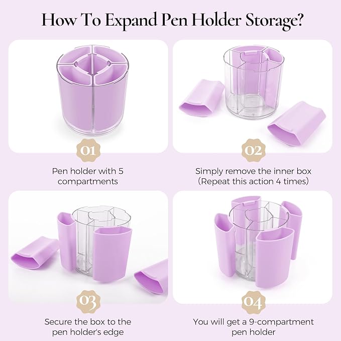 KONVINIT Purple Pen Holder for Desk, 5 Slots 360° Rotating Pen Organizer, Cute Desk Organizers and Accessories for School, Home, Office and Art Supply