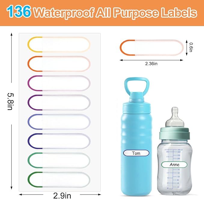 Waterproof Name Labels for Kids Child - Self-Laminating,Dishwasher Safe Name Stickers for Daycare,School Supplies,Toddler Baby Bottles,Sippy Cups,Travel Size Water Bottles - Washable,136 PCS.