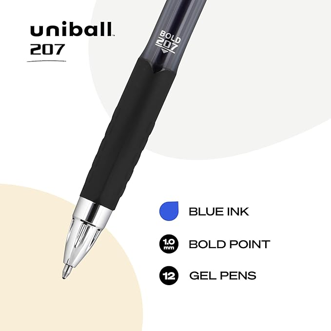 uniball 207 Retractable Gel Pens, Bold Point (1.0mm), Blue, 12 Pack