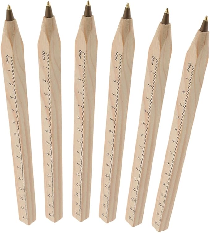 Luxshiny 6pcs Natural Biodegradable Wood Ballpoint Pens with Printed Ruler, Black Ink Carpenter Drafting Pens for Office, School, and Construction Use